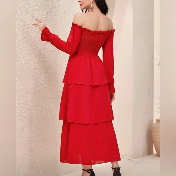 Red Off-Shoulder Tiered Maxi Dress – NWOT – Size L - Picture 6 of 6